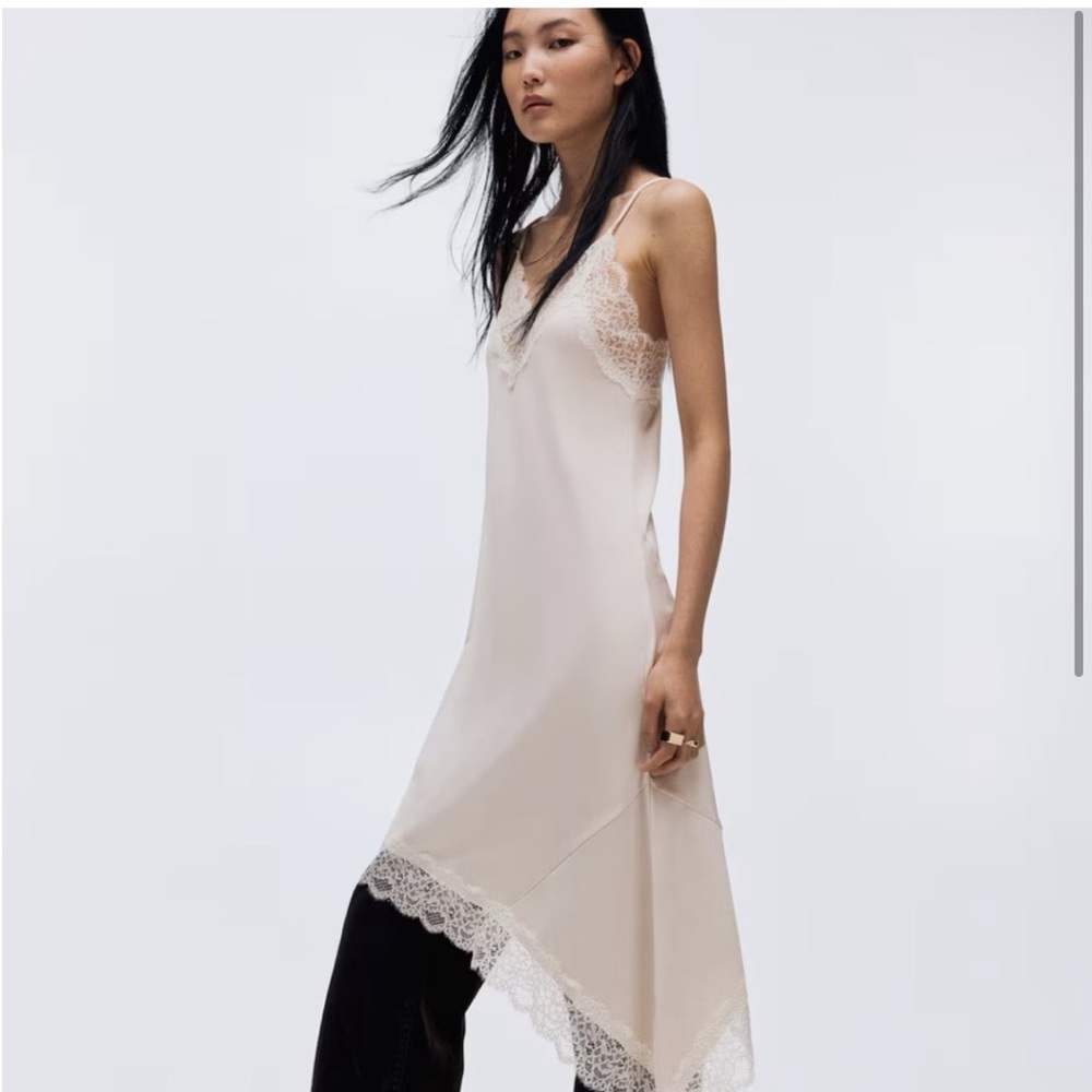 H&M Cream Lace-Trim Asymmetric Slip Dress